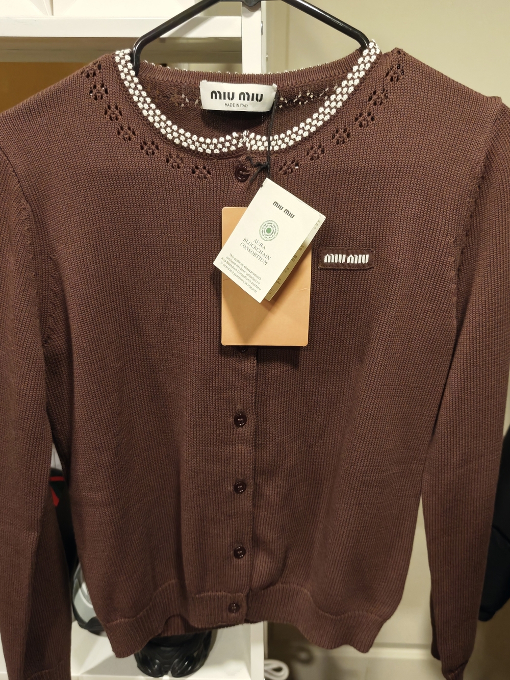Miu Miu Brown Knit Cardigan with Crystal-Trim Collar